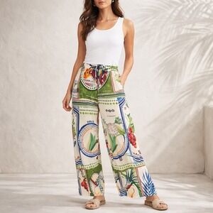 Rachel Zoe S Linen Blend Pants Tropical Fruit Print Wide Leg Resort Summer
